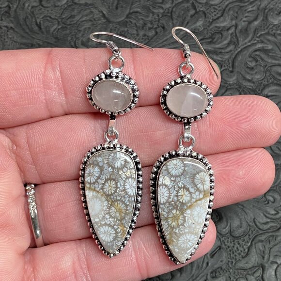 Rose Quartz and Coral Fossil Earrings Stone Crystal Jewelry - Picture 1 of 6
